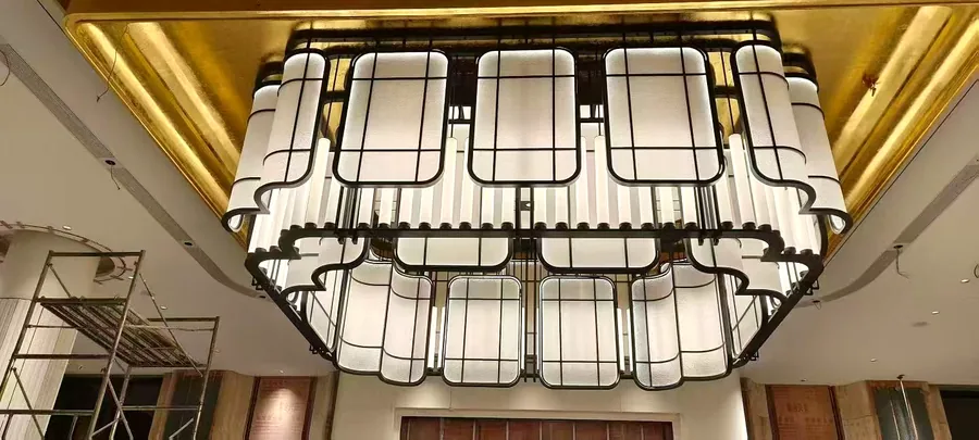 Lobby — tiered silk chandelier with gold frame